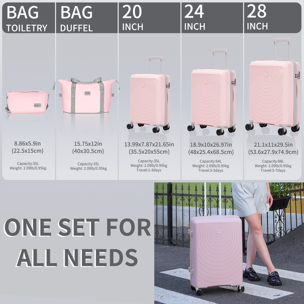 Concepten 5 Piece Lightweight Luggage Set,with TSA Lock and Swivel Wheels, PP Material Anti Fall and Anti Crack Suitcase