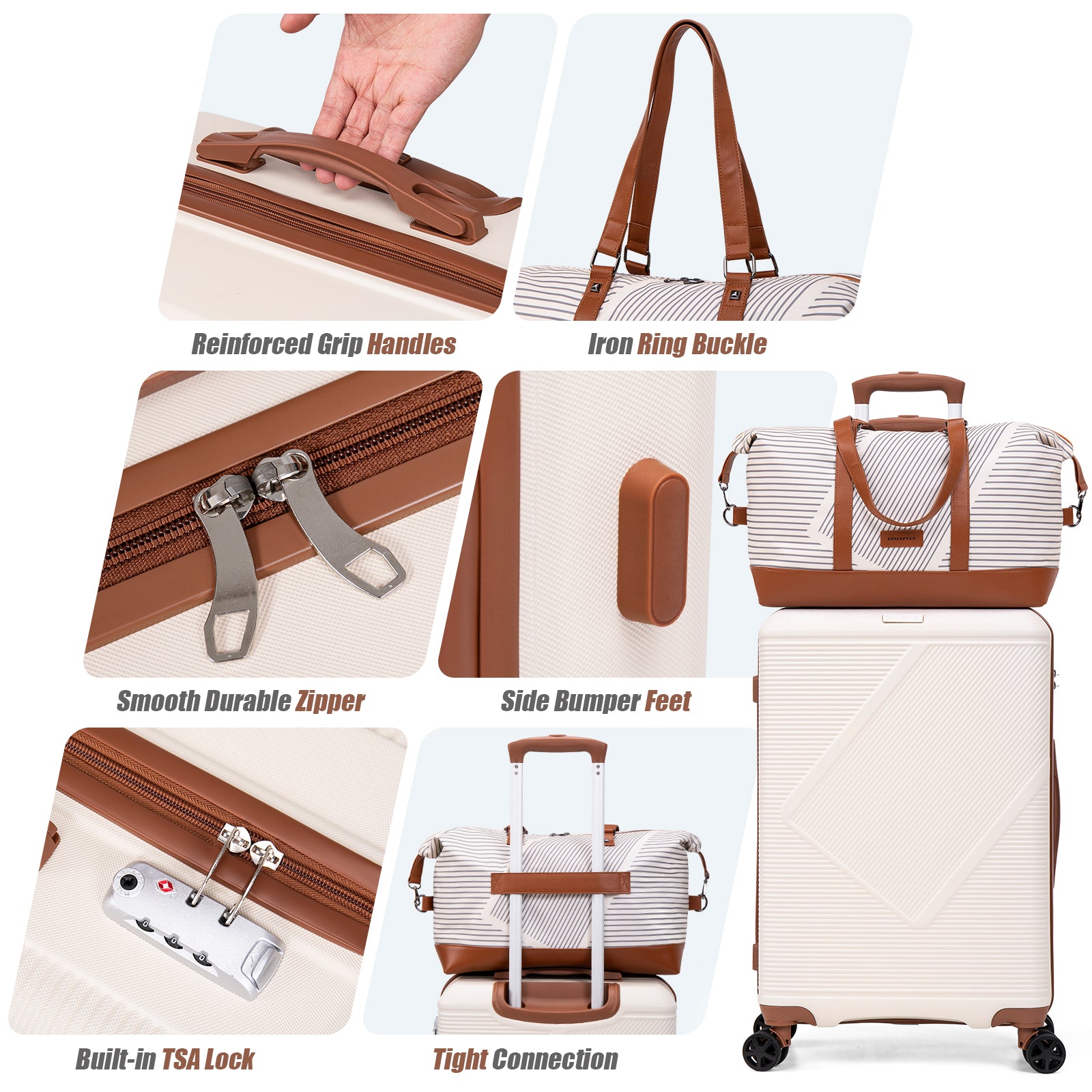 Concepten 5-Piece Hard Shell Luggage, Lightweight Luggage with TSA Lock and Rotating Wheels, Including Extended Travel Bag and Toiletries Bag
